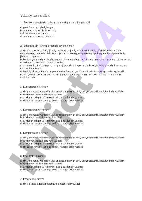 Yakuniy test savollari dinshunoslik fanidan