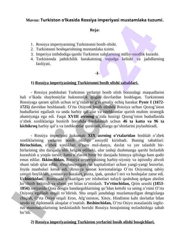 Turkiston o‘lkasida rossiya imperiyasi mustamlaka tuzumi
