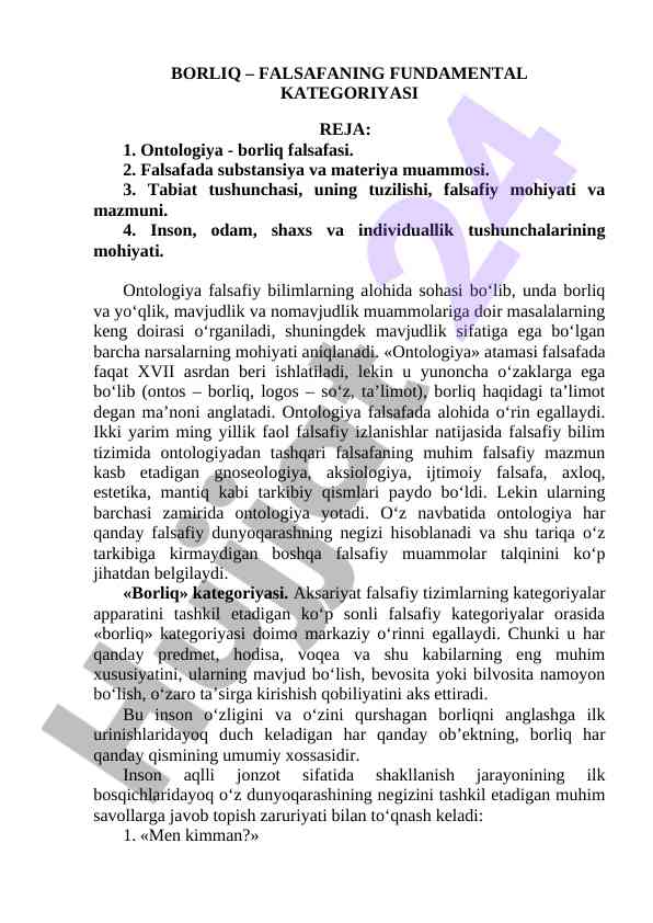 Ontolgiya – falsafaning muhim kategoriyasi