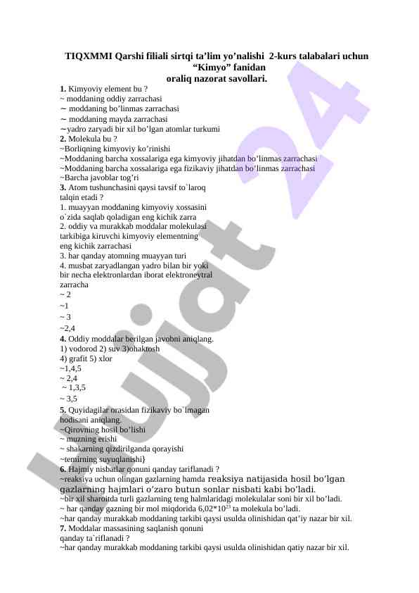 Kimyo fanidan oraliq nazorat savollari