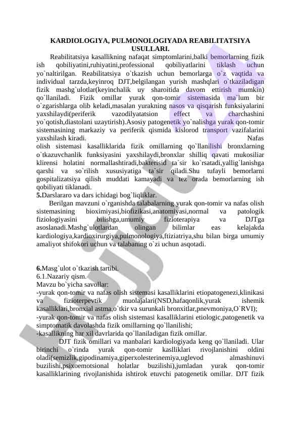 Kardiologiya va pulmonologiyada reabilitatsiya usullari