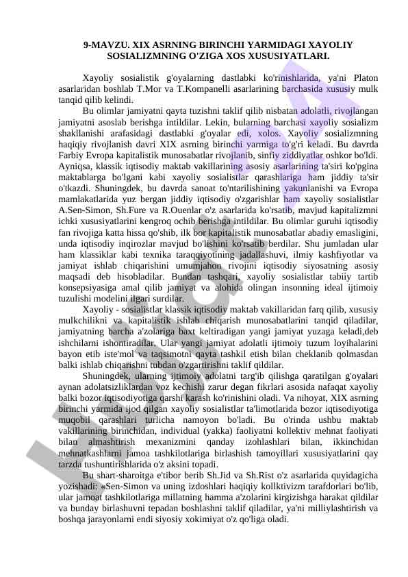 Xix asr xayoliy sosializm tahlili