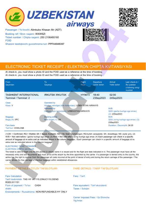 Elektron chipta kvitansiyasi haqida ma'lumot