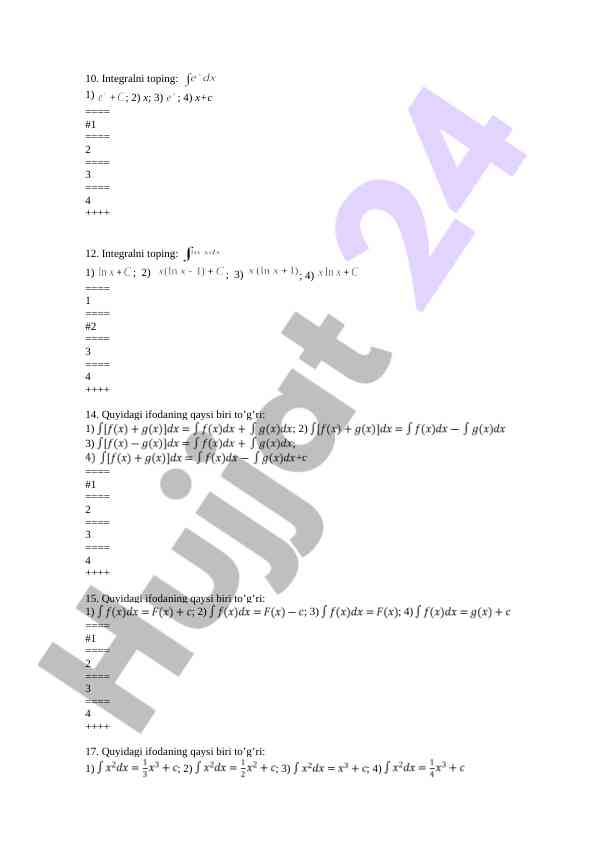 Integralni topish uchun test savollari