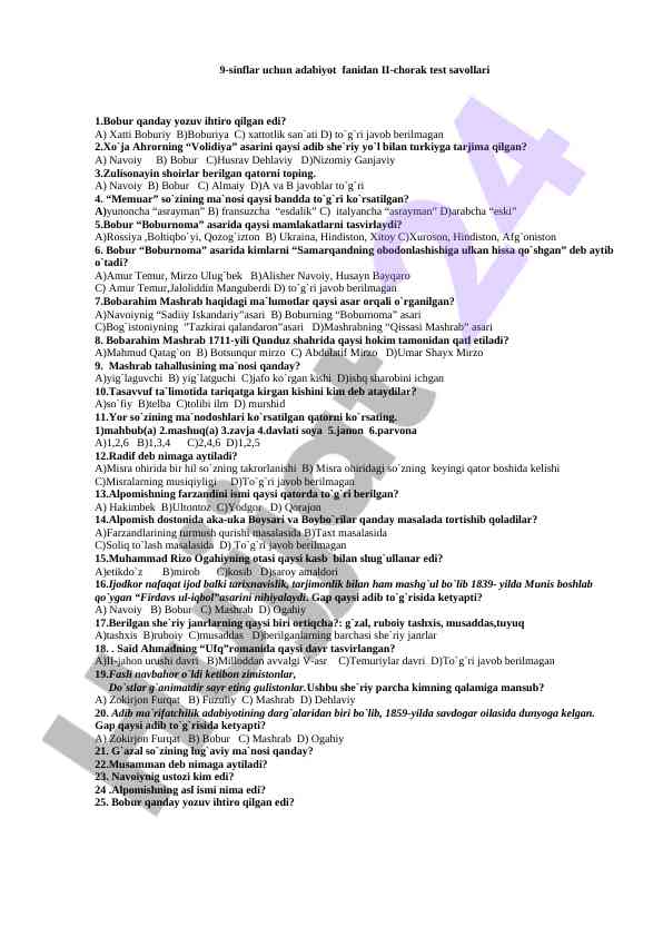 Adabiyot fanidan 9-sinflar uchun ii-chorak test savollari