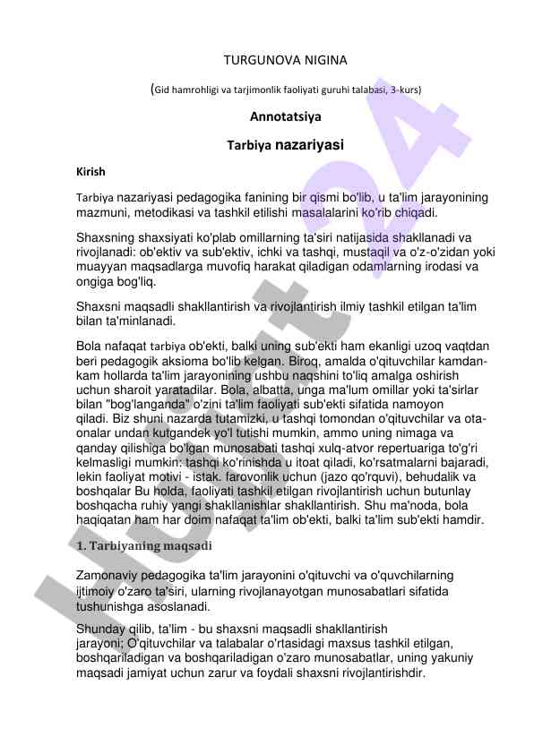 Tarbiya nazariyasi va rivojlanish asoslari
