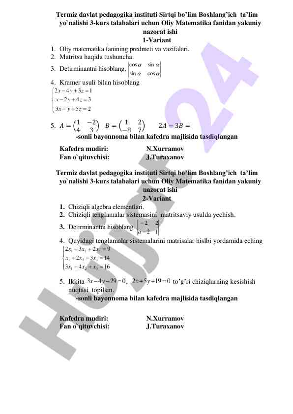 Oliy matematika yakuniy nazorat ishlari 3-kurs uchun