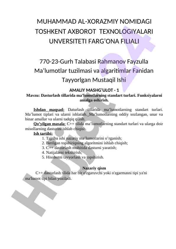 Dasturlash tillarida ma’lumotlarning standart turlari