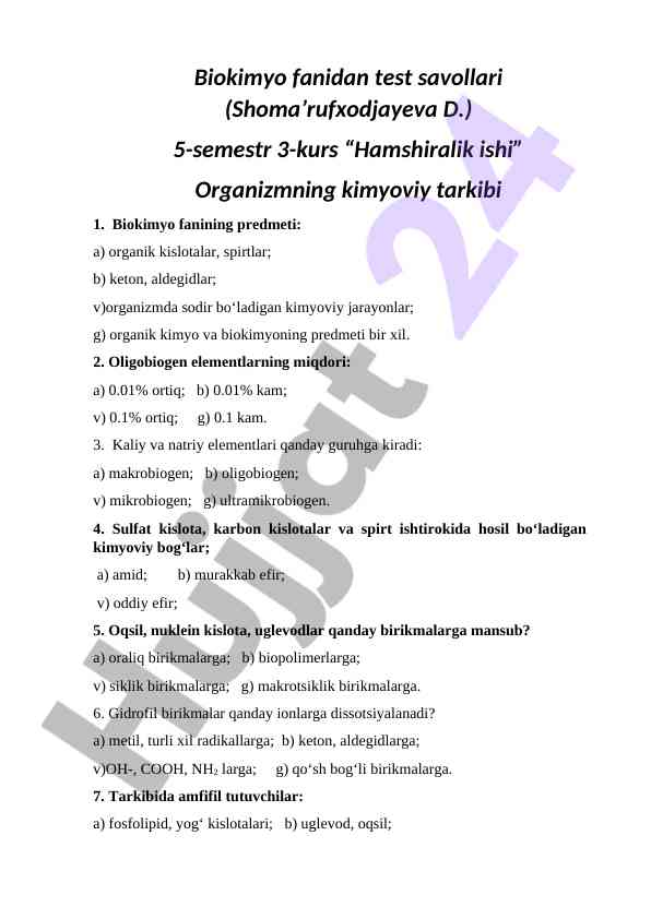 Biokimyo fanidan test savollari 5-semestr 3-kurs