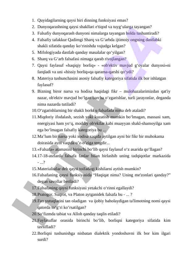 Dinning funksiyalari va falsafiy dunyoqarash