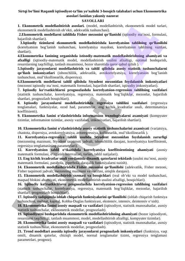 Ekonometrika asoslari fanidan yakuniy nazorat savollari