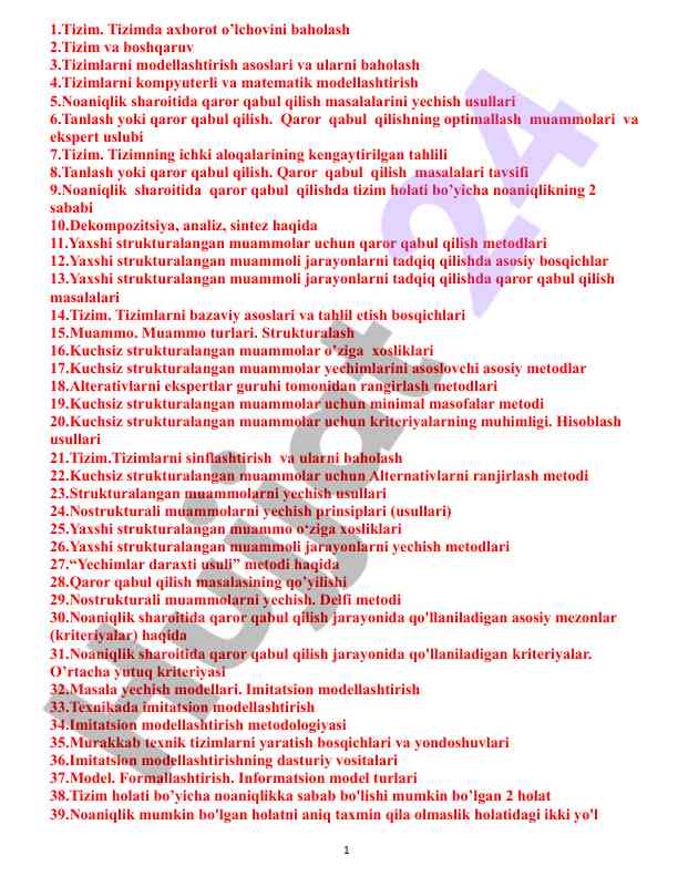 Tizimlarning qaror qabul qilish masalalari