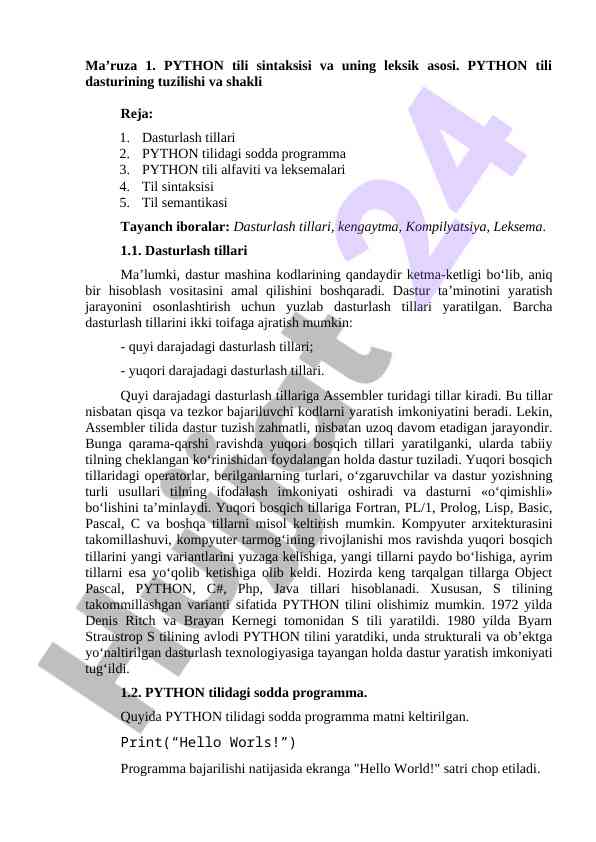 Python tili sintaksisi va leksik asosi