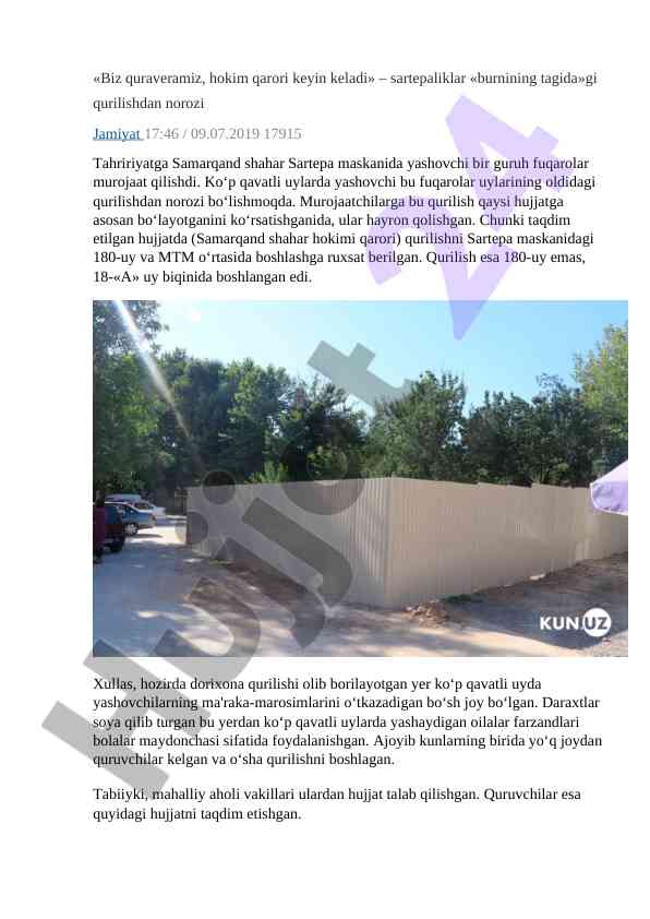 Sartepa qurilishi haqida fuqarolar norozi