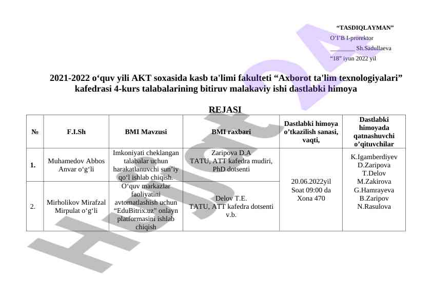 Bitiruv malakaviy ish dastlabki himoya rejasi