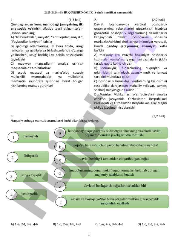 Huquqshunoslik 8-sinf testlari 2023-2024