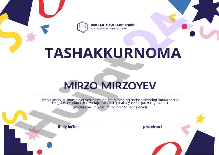 Tashakkurnoma va sertifikat taqdimoti
