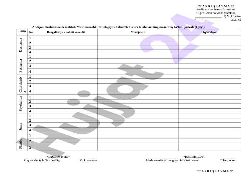 Masofaviy ta'lim jadvali 1-kurs talabalari uchun