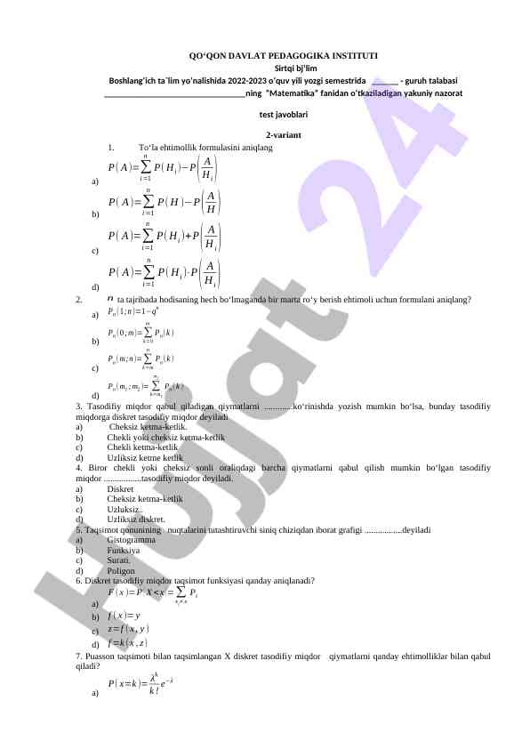 Yakuniy nazorat testi matematika fanidan 2022-2023