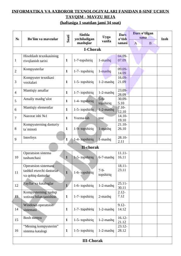 Informatika va axborot texnologiyalari 8-sinf reja