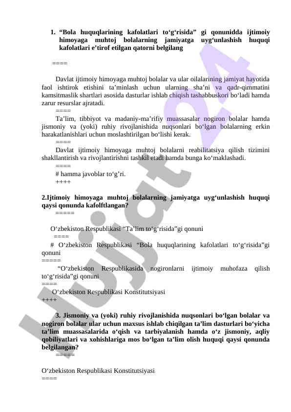 Bolalar huquqlari kafolatlari o‘zbekiston qonunlari