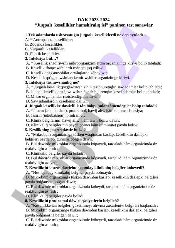 Juqpali kesellikler hamshiralıq isi test sorawlar