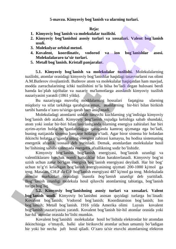 Kimyoviy bog`lanish va ularning turlari
