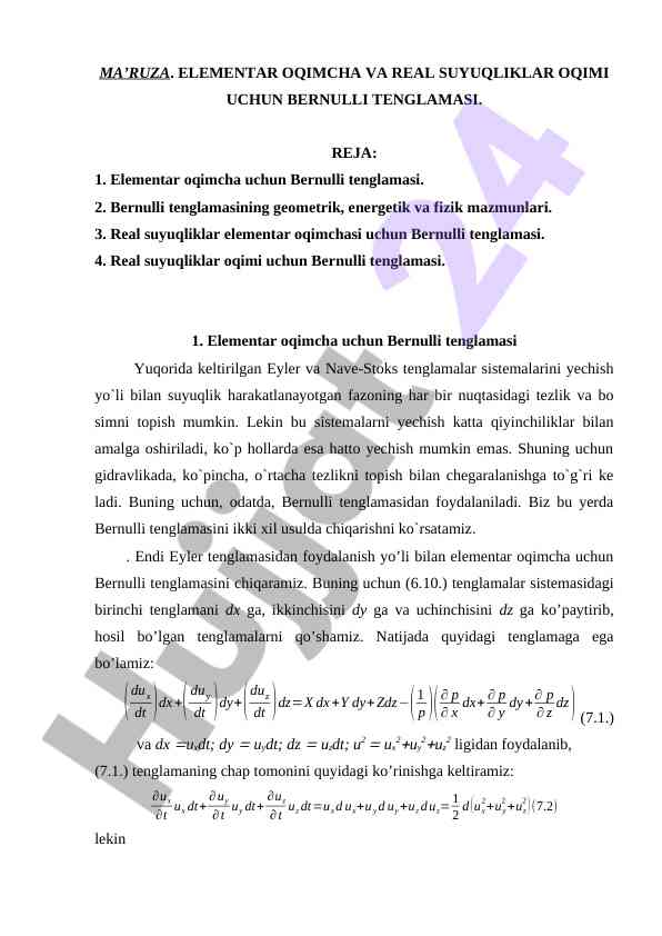 Elementar oqimcha va real suyuqliklar oqimi
