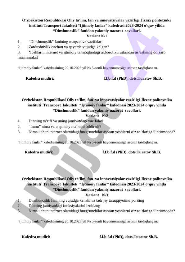 Dinshunoslik fanidan yakuniy nazorat savollari