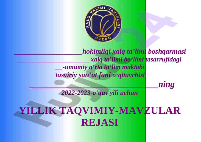 Yillik ta'vimi mavzular rejasi tasviriy san'at fani