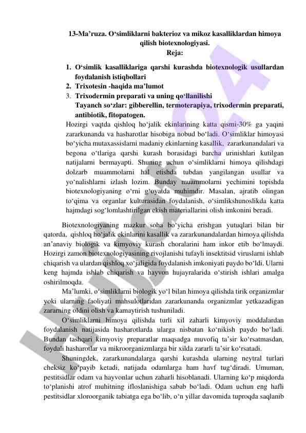 O‘simliklarni himoya qilish biotexnologiyasi tadqiqoti