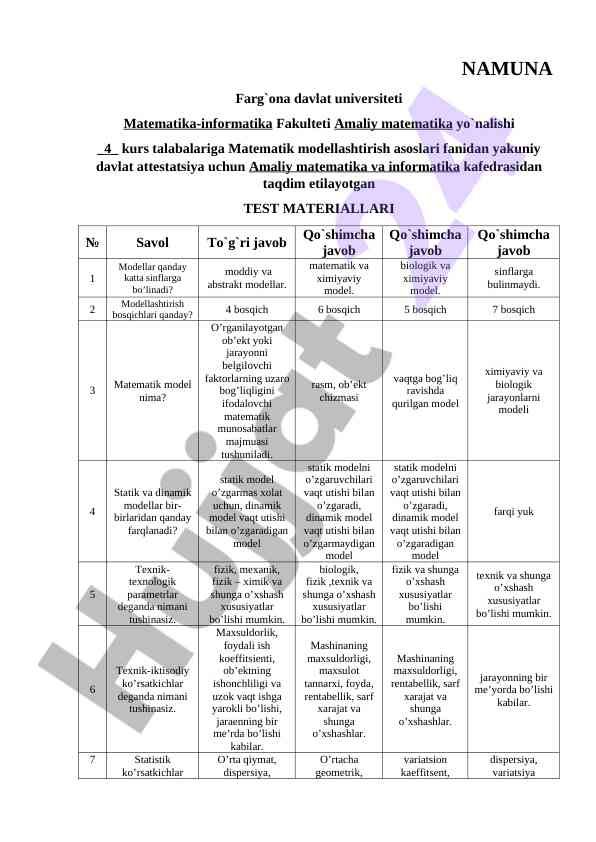Matematik modellashtirish asoslari test materiallari