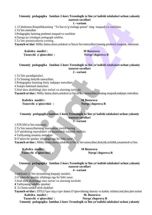 Umumiy Pedagogika Fanidan Yakuniy Nazorat Savollari