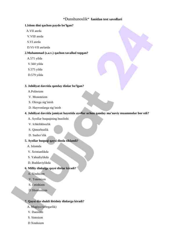 Dunshunoslik fani test savollari