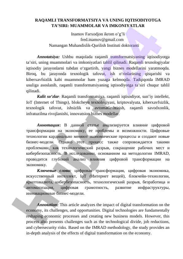 Raqamli transformatsiya va iqtisodiyotga ta’siri