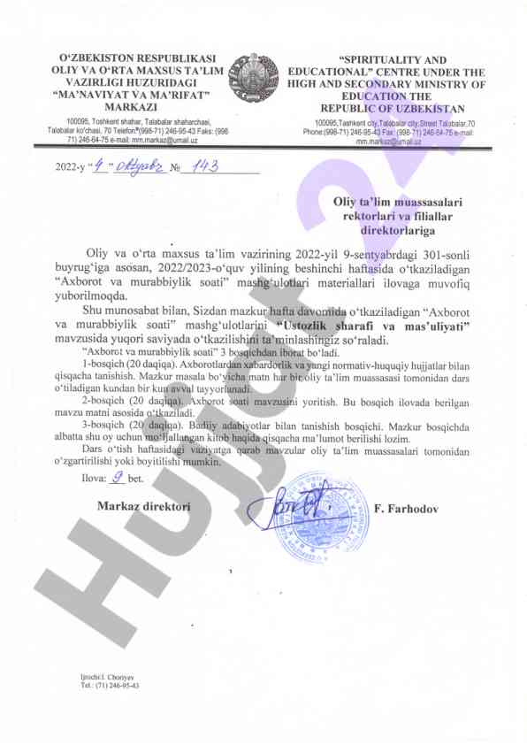 Ustozlik sharafi va mas'uliyati mavzusida mashg'ulotlar