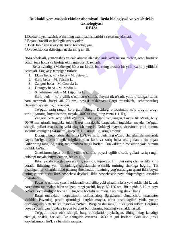 Dukkakli yem-xashak ekinlar ahamiyati va biologiyasi
