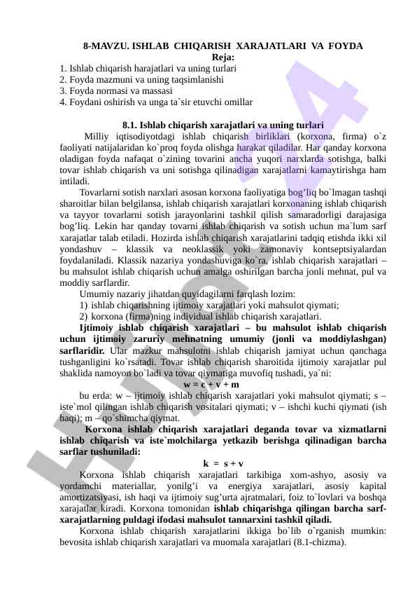 Ishlab chiqirish xarajatlari va foyda statistikasi