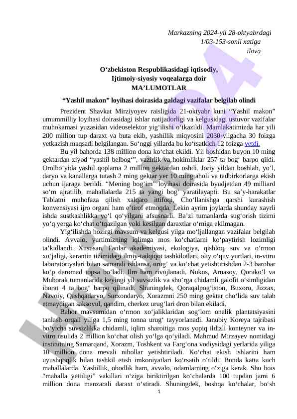 Yashil makon loyihasi doirasida ekologik vazifalar