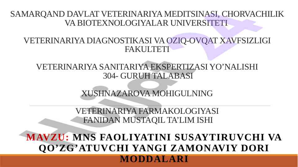 Veterinariya farmakologiyasi fanidan mustaqil ish