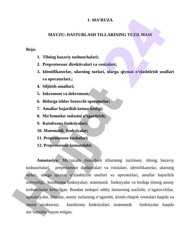 Dasturlash tillari tuzilishi hakkında ma'ruza
