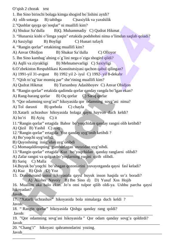 O’qish 2 chorak test 1 savollari