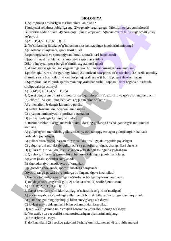 Biologiya testi: o’simliklar va ular xususiyatlari