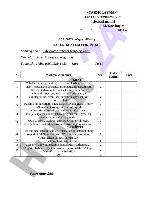 Tibbiyotda axborot texnologiyalari kalendar rejasi