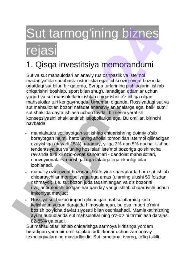 Biznes reja sut tarmog'i va mahsulotlar bozori