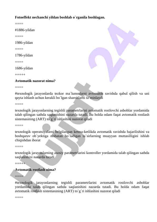 Avtomatik nazorat va fotoeffekt tahlili