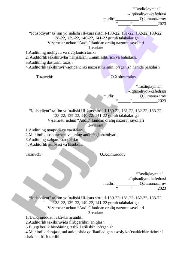 Audit fanidan oraliq nazorat savollari 2023