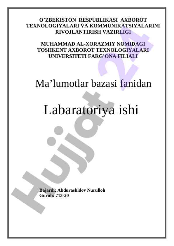 Ma'lumotlar bazasi fanidan laboratoriya ishlari