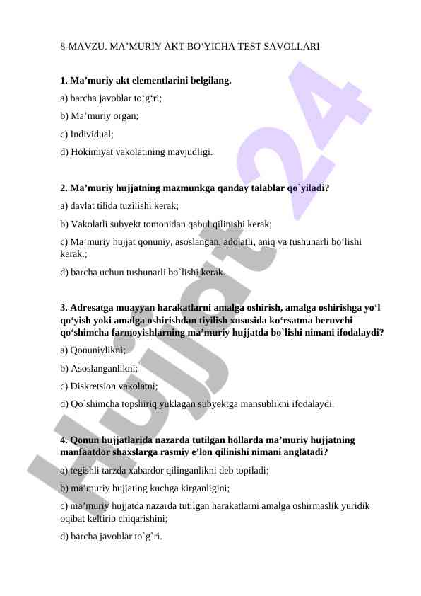 Ma’muriy akt bo‘yicha test savollari