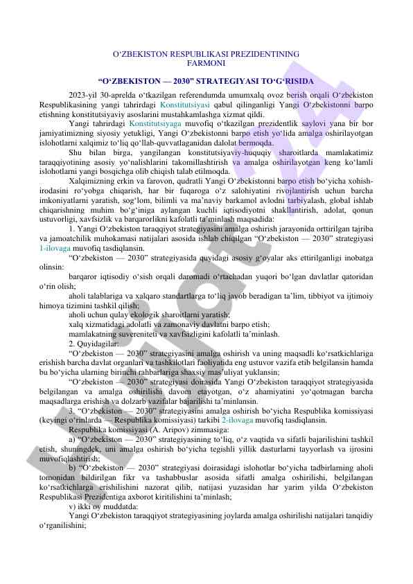 O‘zbekiston — 2030 strategiyasi va yangilangan konstitutsiya